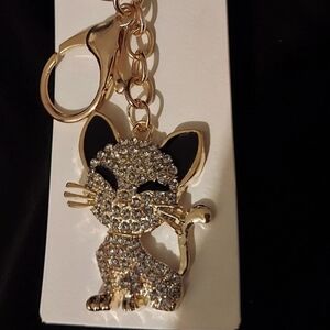 Cat Rhinestones Enamel Black Ears Gold Tone Keychain Bag Purse Charm New